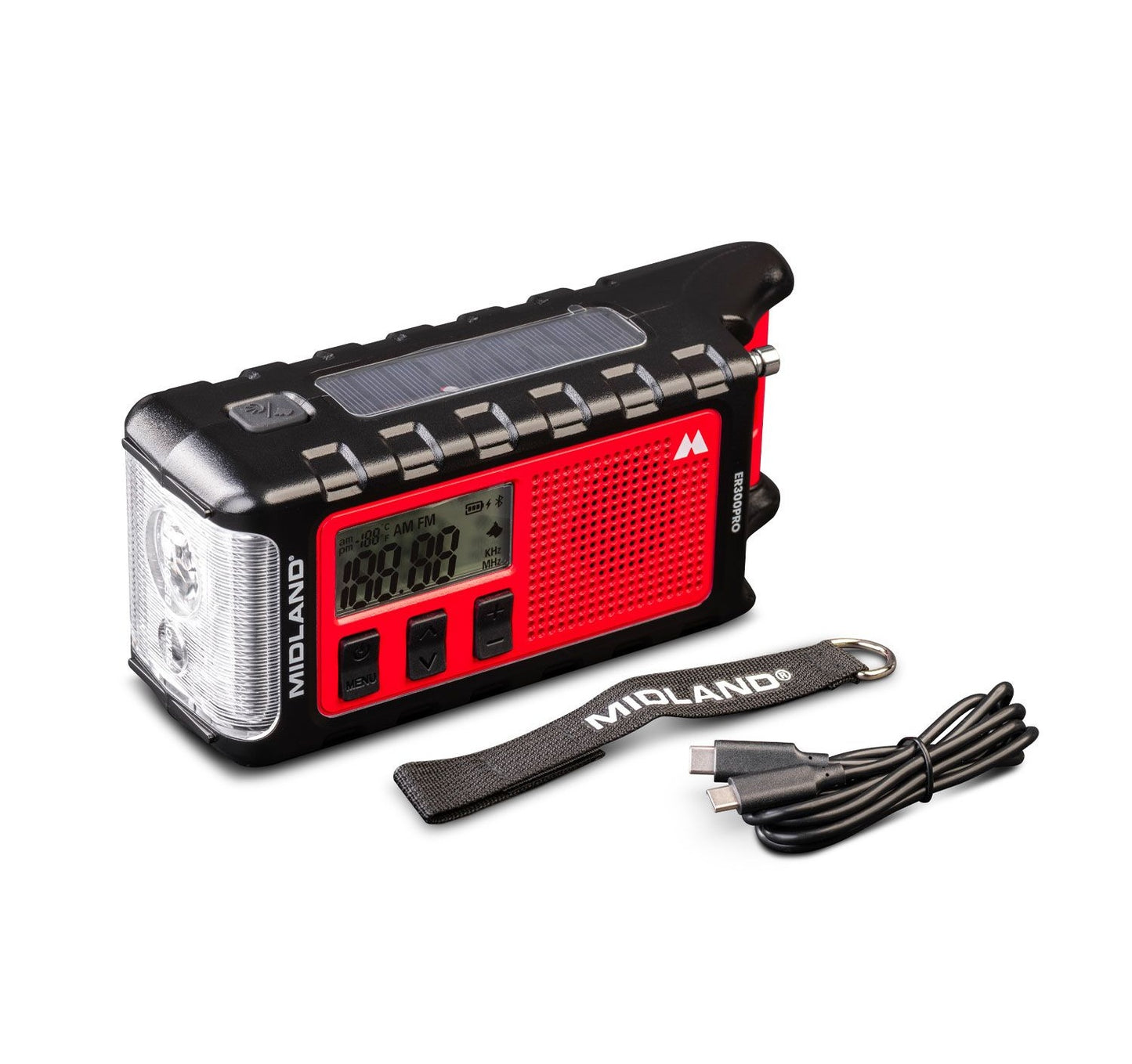 Midland Emergency Powerbank ER300 PRO 10000mah Temp Sensor, BT, FM Radio, Dynamo & Solar Powered, 130 Lmn Flashlight