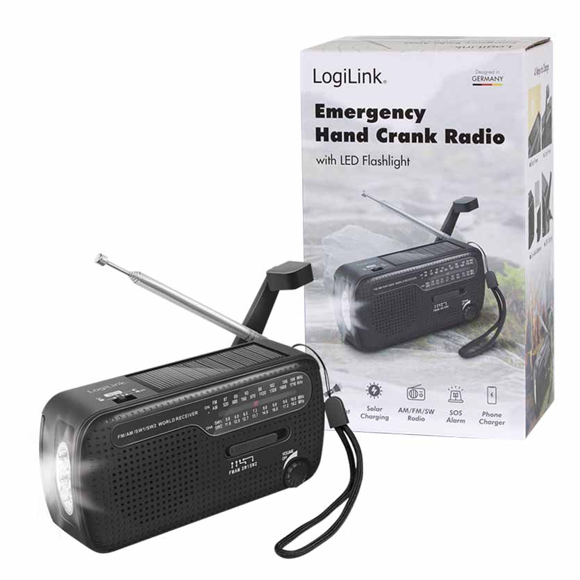 LOGILINK SP0061 DYNAMO HAND CRANK RADIO W/SOLAR PANEL AND FLASHLIGHT