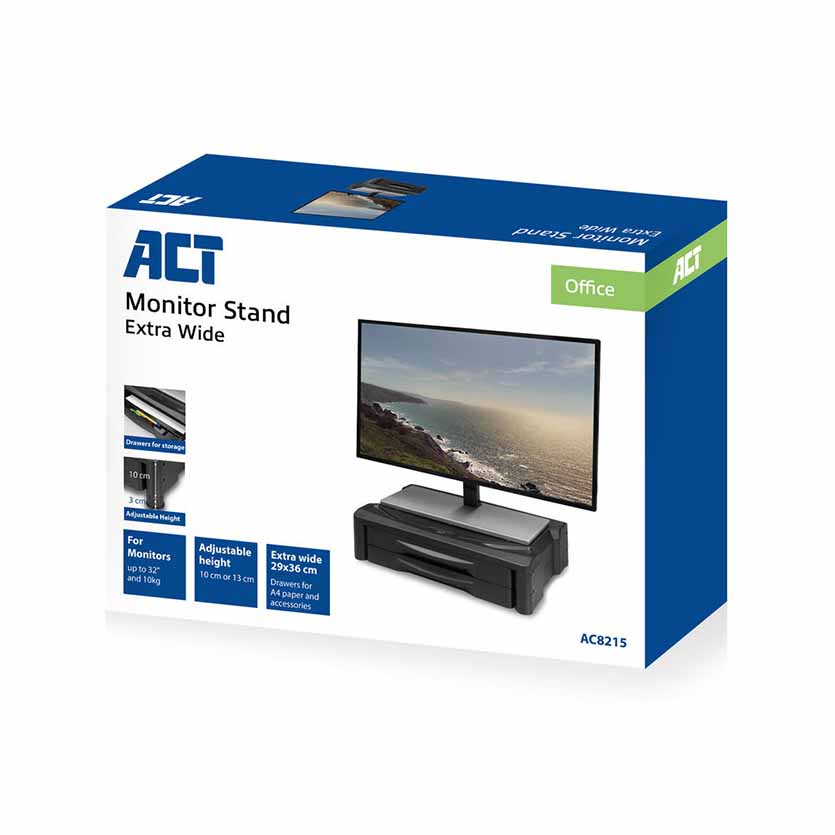 ACT AC8215 MONITOR STAND EXTRA WIDE W/TWO DRAWER ADJUSTABLE 10 OR 13cm BLACK