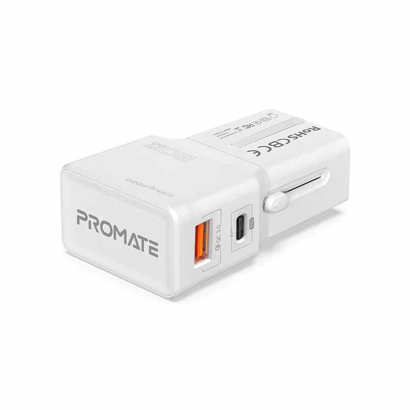 PROMATE TRIPLUG-PD20.WHITE UNIVERSAL TRAVEL ADAPTER 20W, QUICK CHARGE 3.0 WHITE