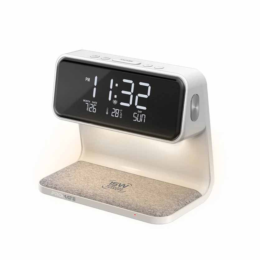 WHITE PROMATE LUMIX-15 MULTIFUNCTION LED ALARM CLOCK W/15W WIRELESS CHARGER
