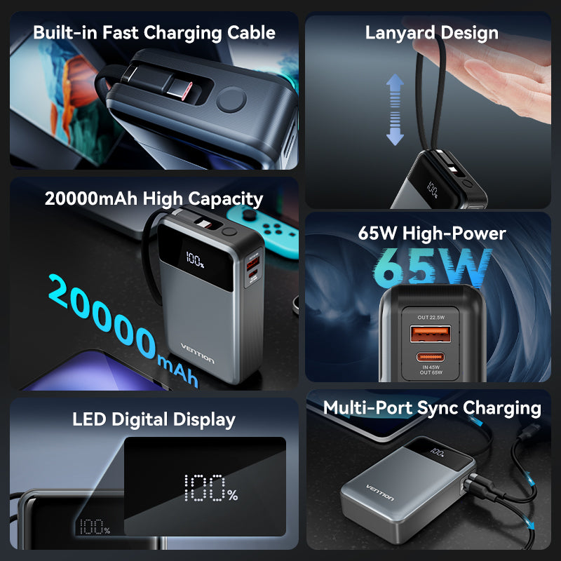 Vention Powerbank 20000mAh 65W+Built-in USBC FHYB0