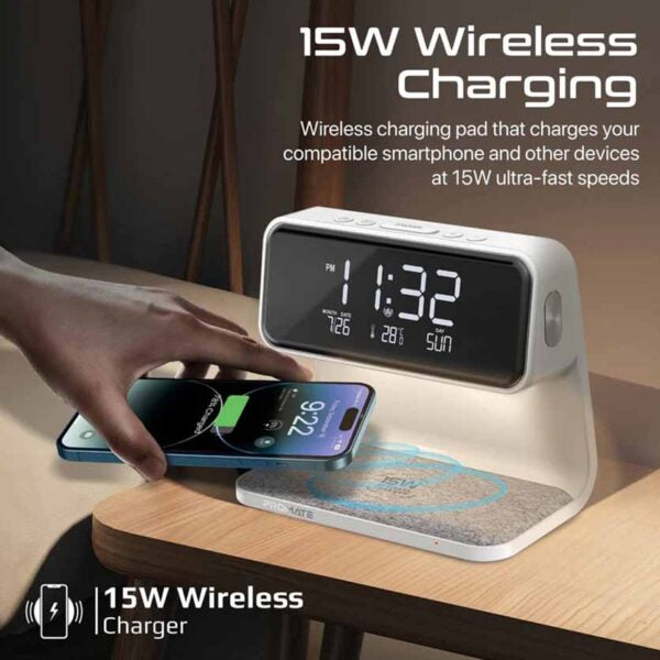 WHITE PROMATE LUMIX-15 MULTIFUNCTION LED ALARM CLOCK W/15W WIRELESS CHARGER