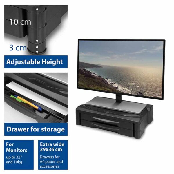 ACT AC8215 MONITOR STAND EXTRA WIDE W/TWO DRAWER ADJUSTABLE 10 OR 13cm BLACK