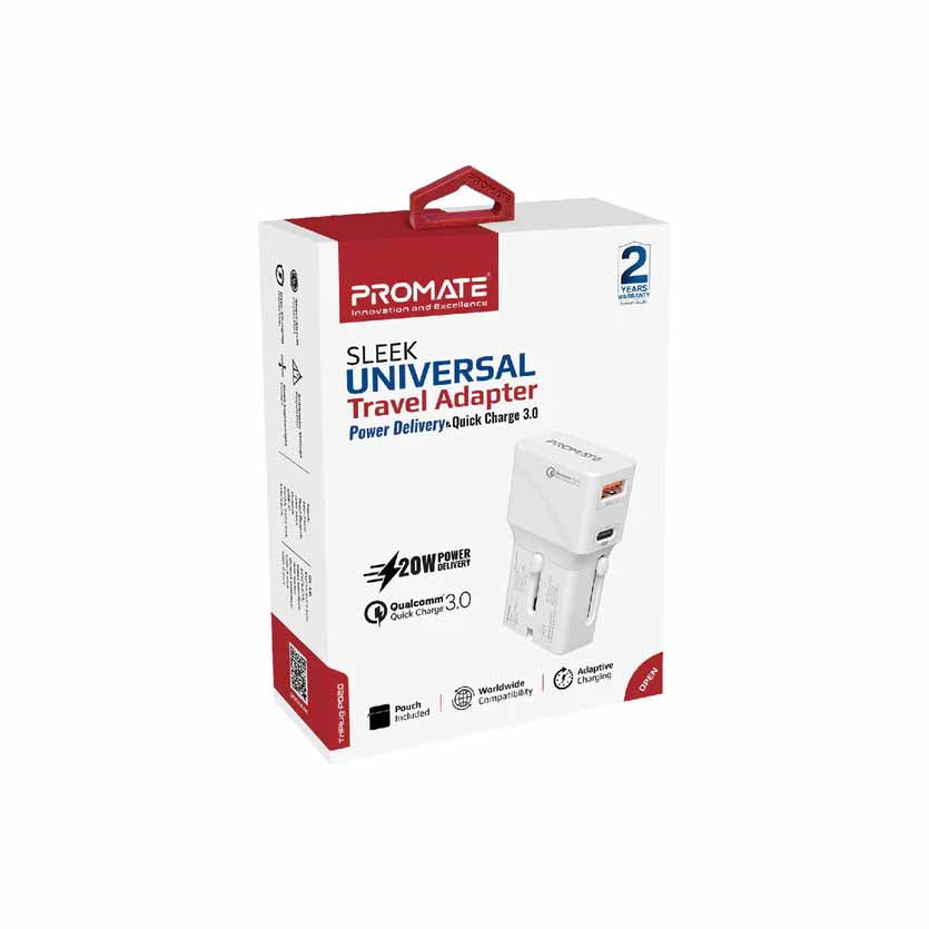 PROMATE TRIPLUG-PD20.WHITE UNIVERSAL TRAVEL ADAPTER 20W, QUICK CHARGE 3.0 WHITE