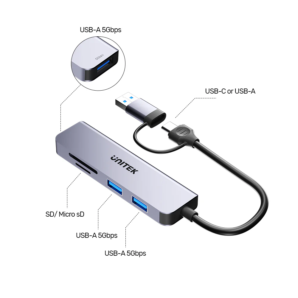 Unitek H1320A USB-C Hub 3xUSBA SD/Micro SD Card Reader