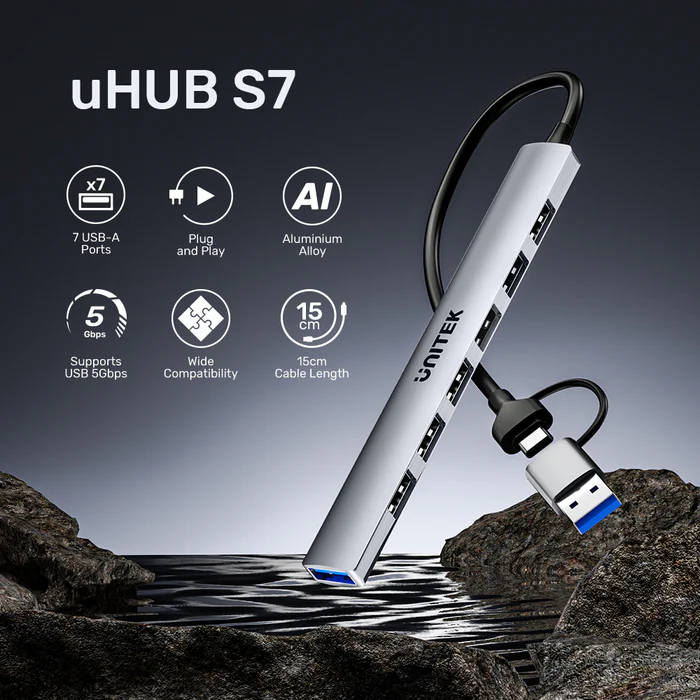 Unitek H1209A USB-A Hub 7-Port USB2.0 with 0.15m cable
