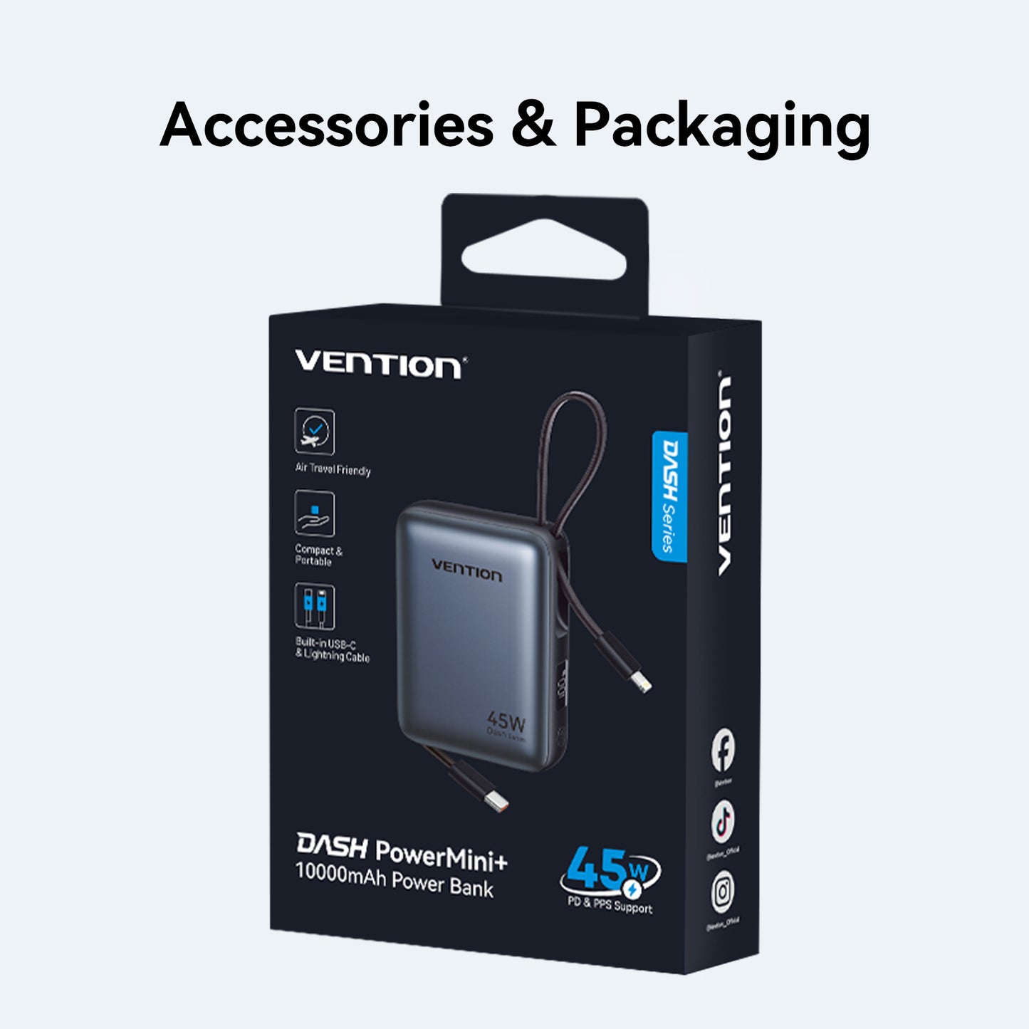 Vention Powerbank 10000mAh 45W Built-in USB-C & Lightning Cables FKMH0 Grey
