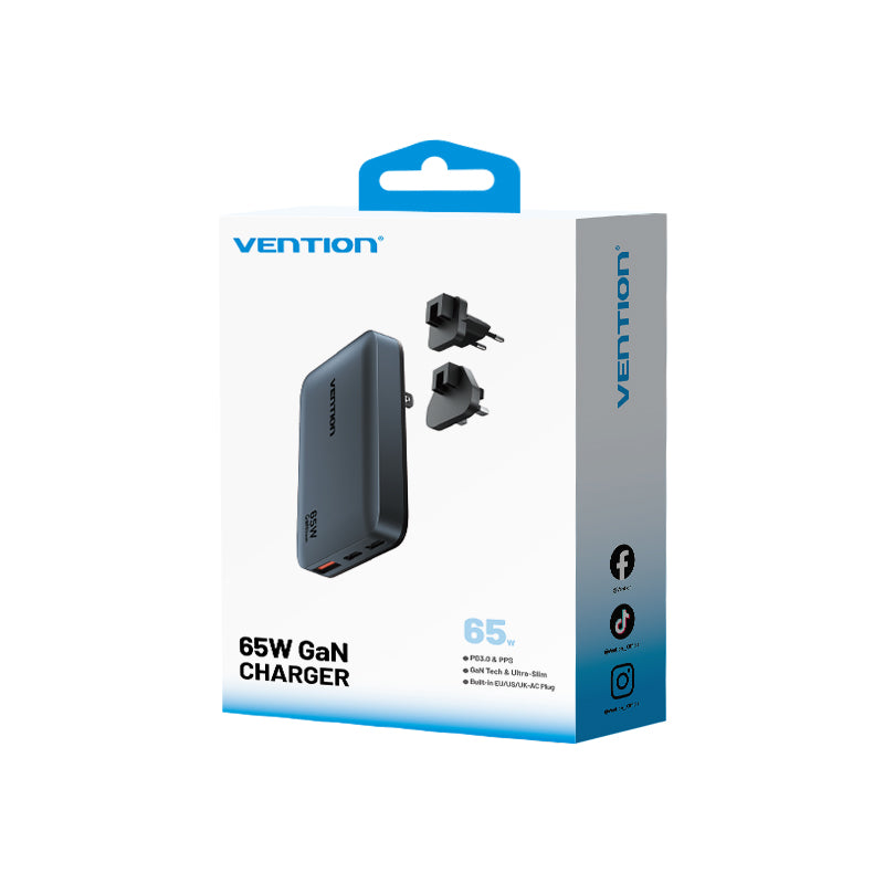 Vention FCBH0 Charger Wall GaN 65W 2xUSBC 1xUSBA Ultra Slim UK/EU/US