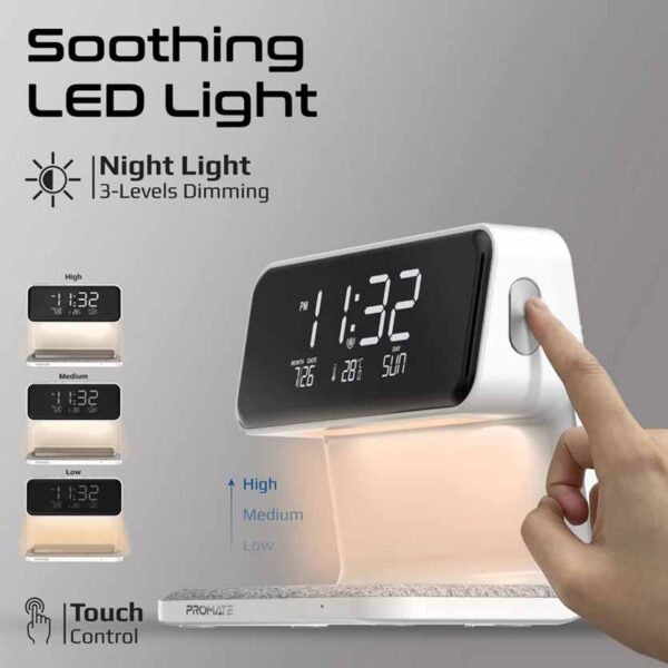 WHITE PROMATE LUMIX-15 MULTIFUNCTION LED ALARM CLOCK W/15W WIRELESS CHARGER