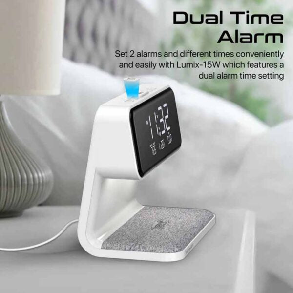 WHITE PROMATE LUMIX-15 MULTIFUNCTION LED ALARM CLOCK W/15W WIRELESS CHARGER
