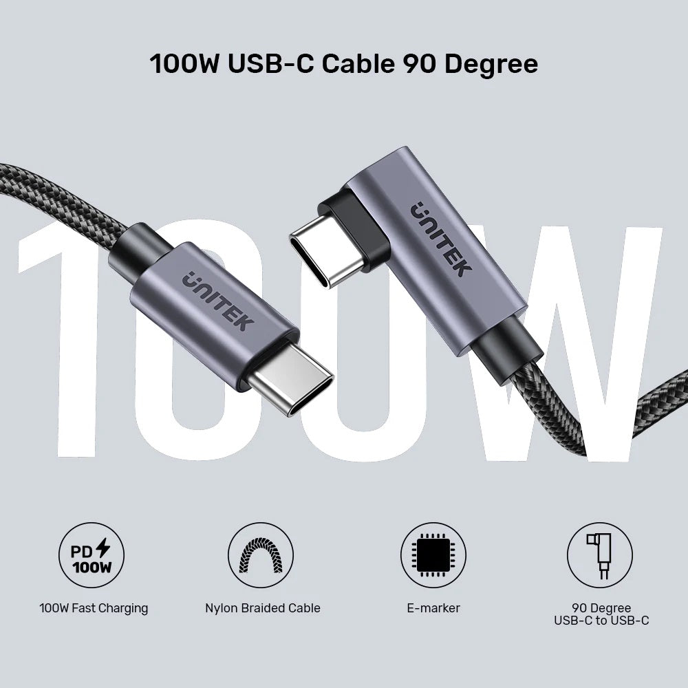 Unitek C14123BK-3M MC USB-C Cable PD100W L-Shape 3.0m