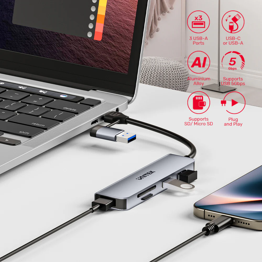 Unitek H1320A USB-C Hub 3xUSBA SD/Micro SD Card Reader