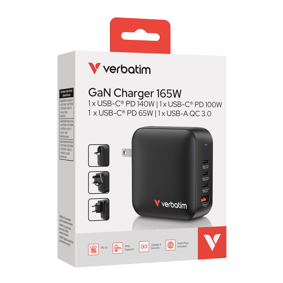Verbatim GNC-140 Charger Wall 165W Mini GaN 3xUSBC 1xUSBA