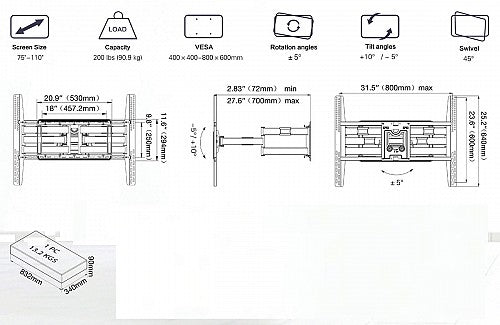 NBMounts TV Wall Mount 80x50 Turn 4x Arms SP5
