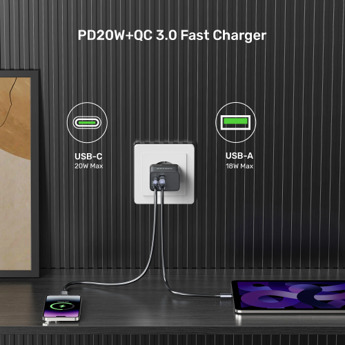 Unitek 20W Wall Charger USB-C PD & QC 3.0 UK P1124ABK Black