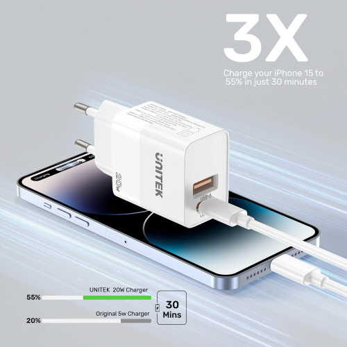 Unitek 20W Wall Charger USB-C PD & QC 3.0 UK P1124AWH White