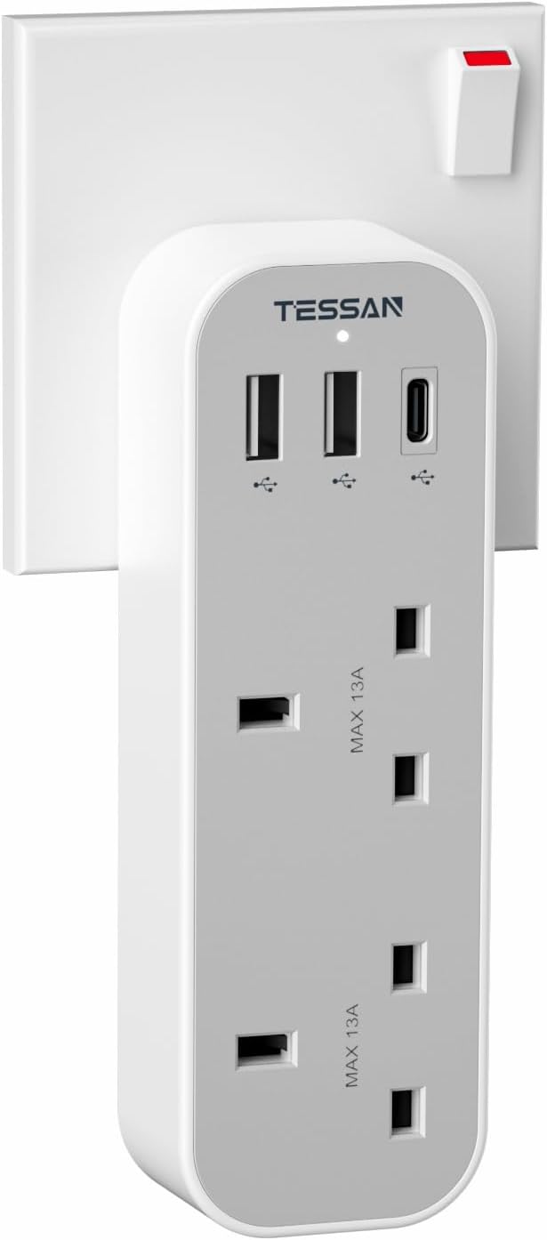 Tessan 13A TS-222-C 2-Gang plug Through UK Charger 2 USB A USB C