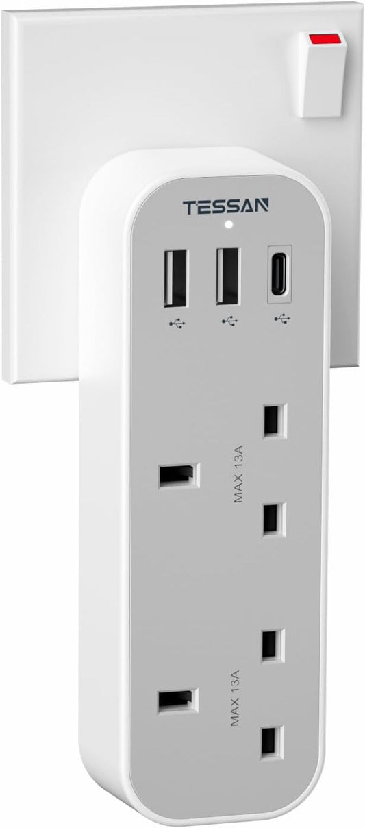Tessan 13A TS-222-C 2-Gang plug Through UK Charger 2 USB A USB C