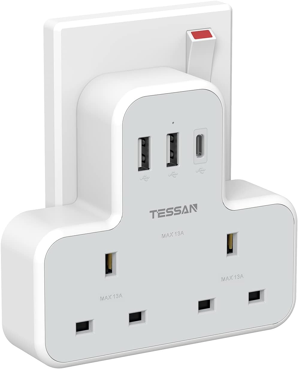 Tessan TS-221-C 2-Gang plug Through UK Charger 2 USB A USB C 13A