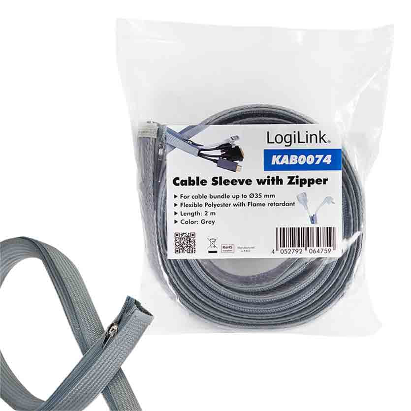 LOGILINK KAB0074 2m CABLE SLEEVE WITH ZIPPER POLYESTER 35mm GREY