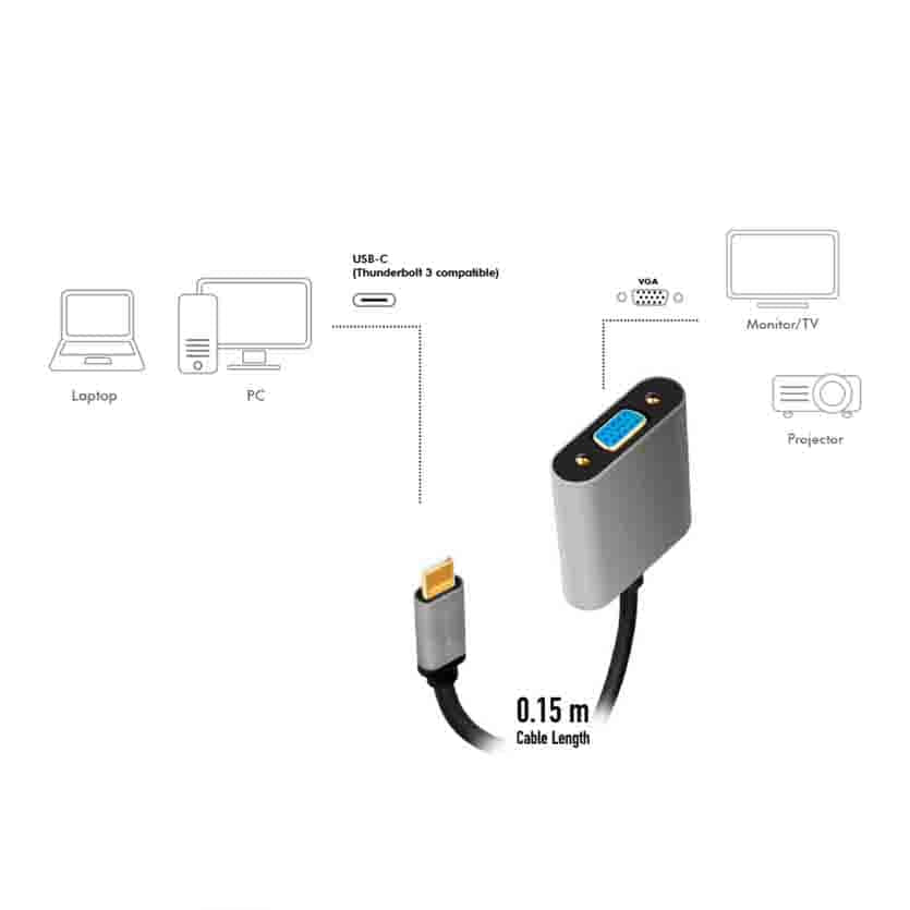 LOGILINK, CUA0104 0.15m USB TYPE-C TO VGA C/M ADAPTER, 1080p ALU BLACK/GREY,