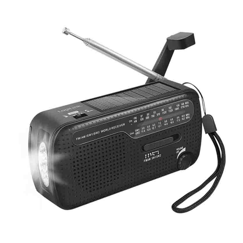 LOGILINK SP0074 DYNAMO HAND CRANK RADIO W/SOLAR PANEL,LED SOS TORCH BLACK