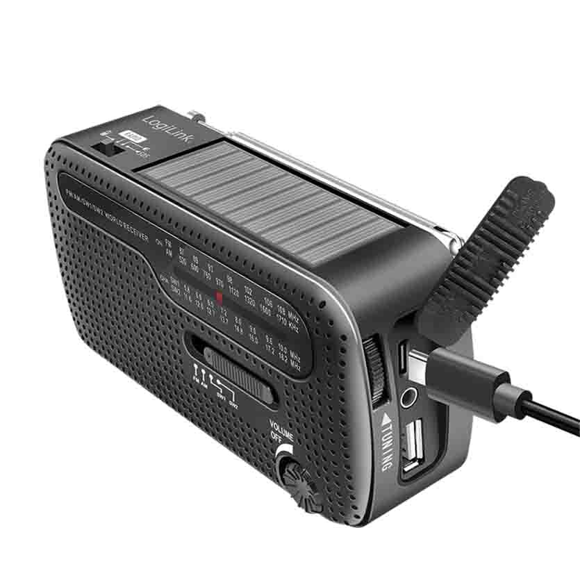 LOGILINK SP0074 DYNAMO HAND CRANK RADIO W/SOLAR PANEL,LED SOS TORCH BLACK