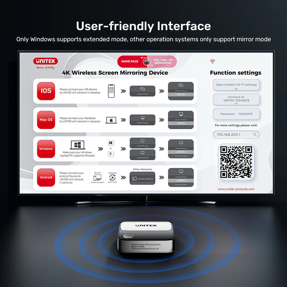 Unitek Wireless Screen Sharing Adapter Up to 25M Black