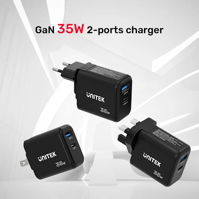 Unitek P1119A Charge Wall 35W 1xUSB-C PD & 1xQC 3.0 UK/EU/US Black