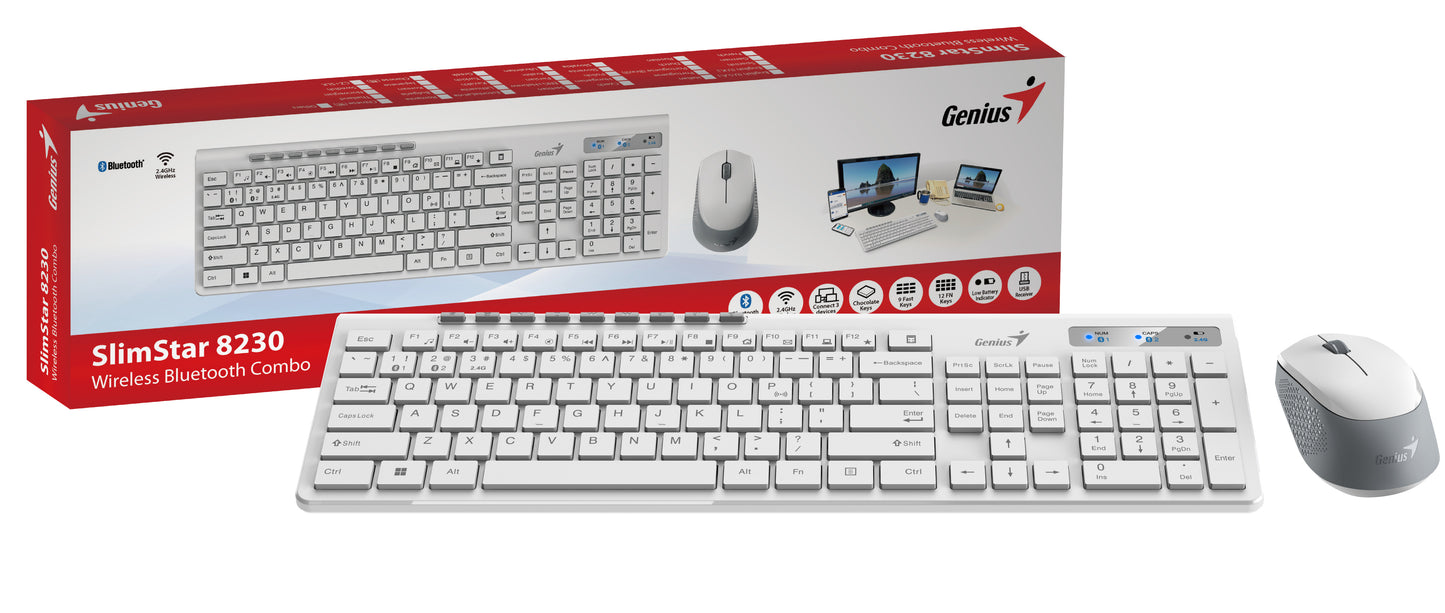Genius Keyboard-Mouse Set Wireless+BT SlimStar 8230 White English