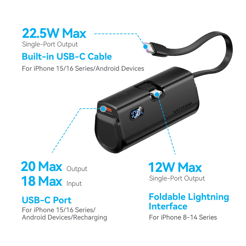 Vention FHRB0 Powerbank 4800mAh 22.5W Foldable Lightning Black
