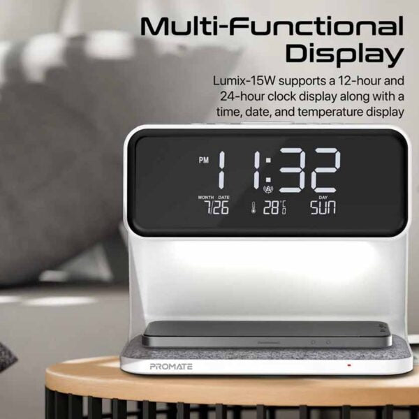 WHITE PROMATE LUMIX-15 MULTIFUNCTION LED ALARM CLOCK W/15W WIRELESS CHARGER