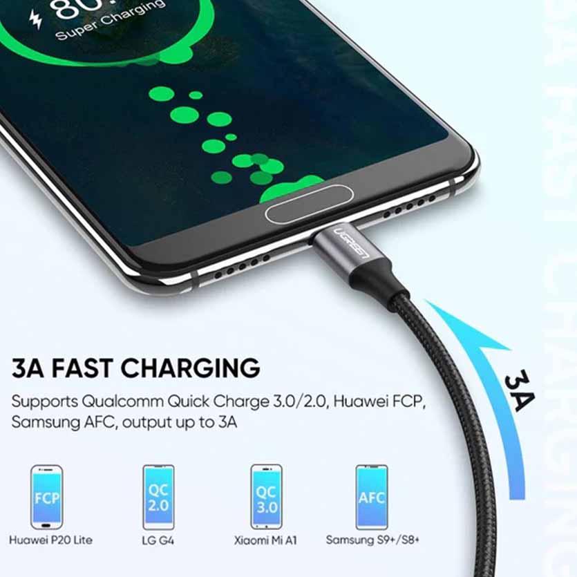 UGREEN 60126 TYPE C 1m BLACK CHARGING CABLE 3A