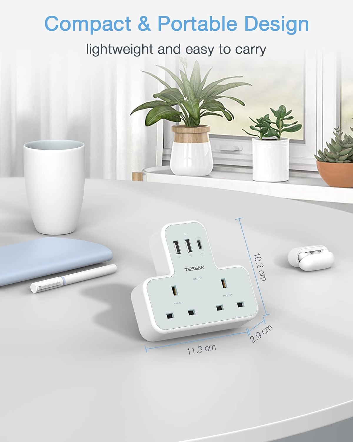 Tessan TS-221-C 2-Gang plug Through UK Charger 2 USB A USB C 13A