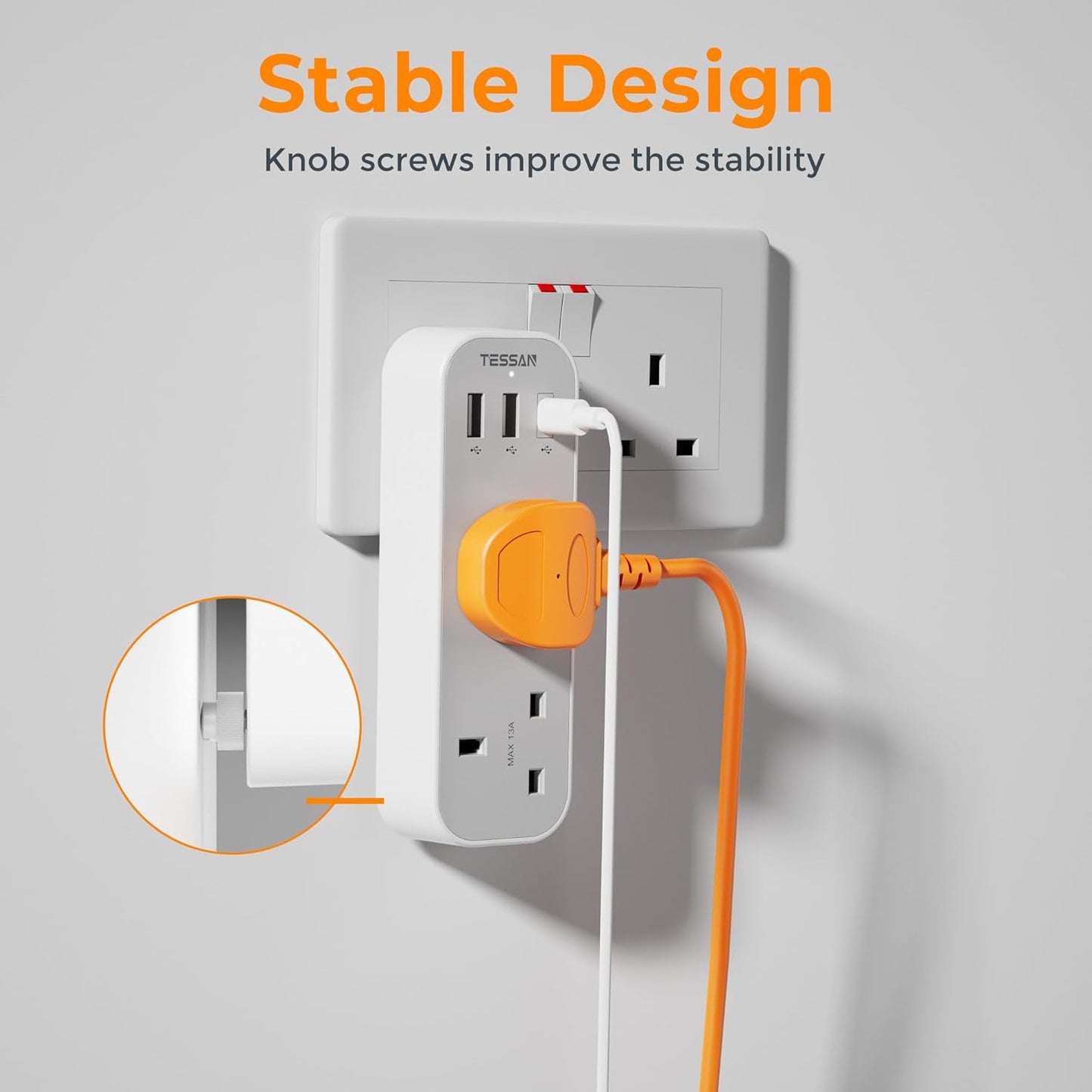 Tessan 13A TS-222-C 2-Gang plug Through UK Charger 2 USB A USB C