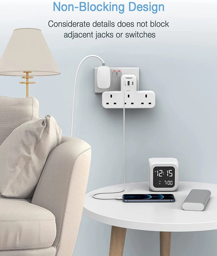 Tessan TS-223-C 3-Gang plug Through UK Charger 2 USB A USB C 13A