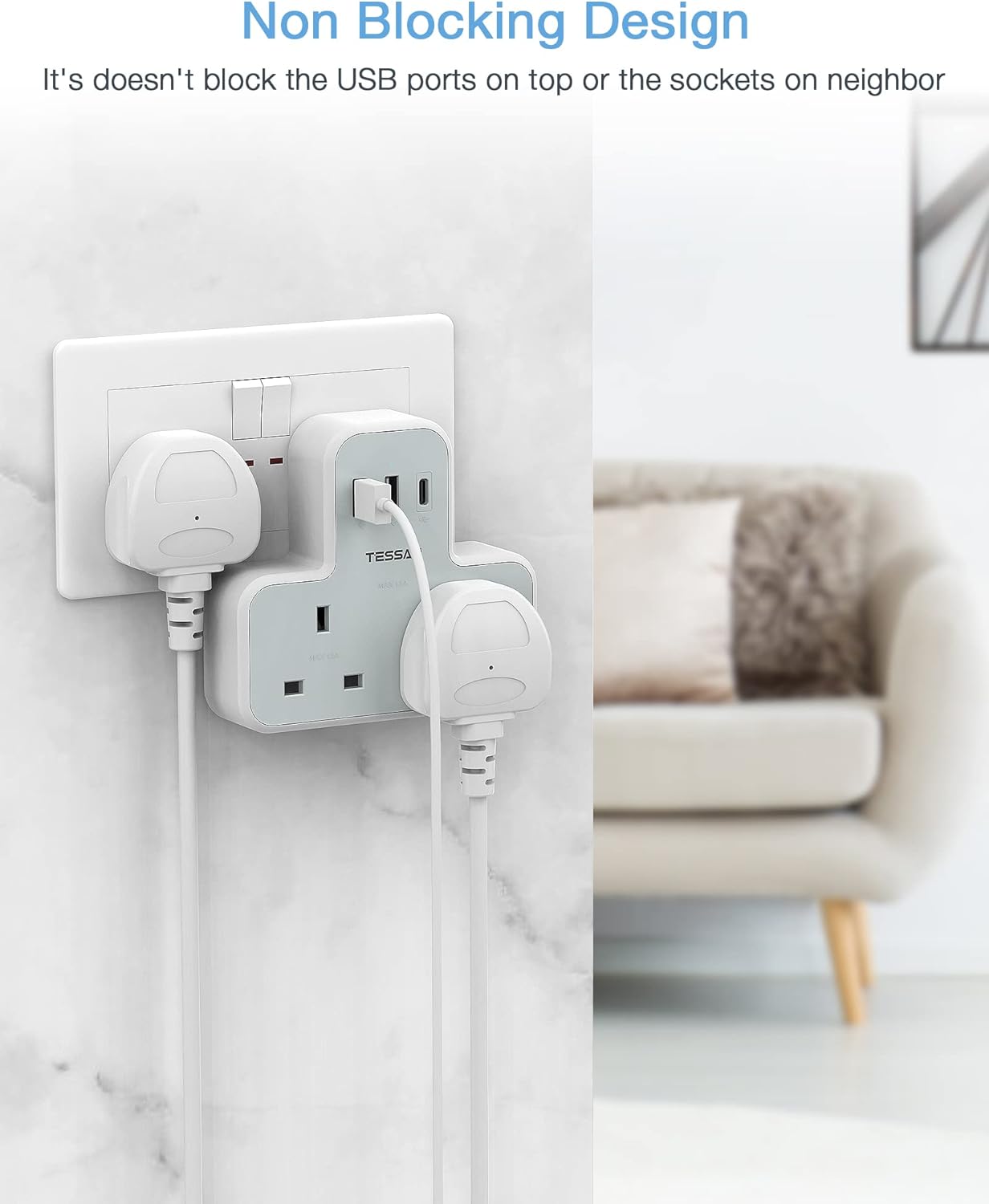 Tessan TS-221-C 2-Gang plug Through UK Charger 2 USB A USB C 13A