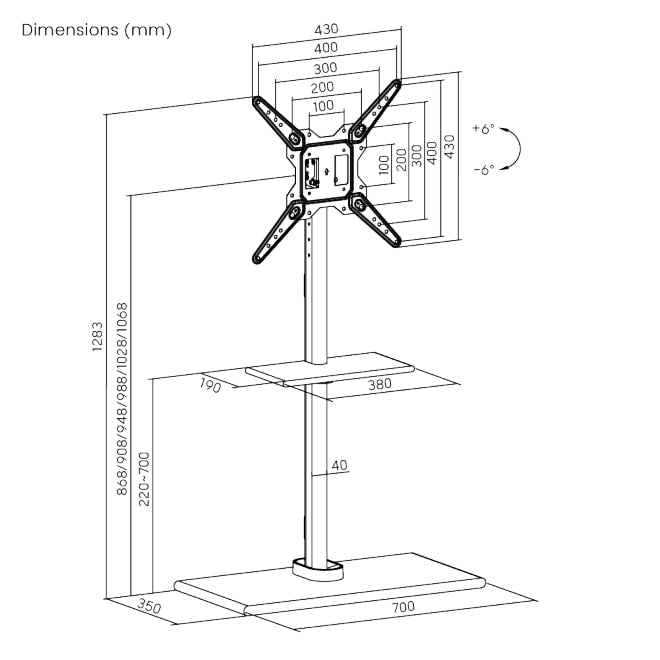Brateck TV Floorstand FS41-44T-02 40x40 1.07m 35kg Shelf & MDF