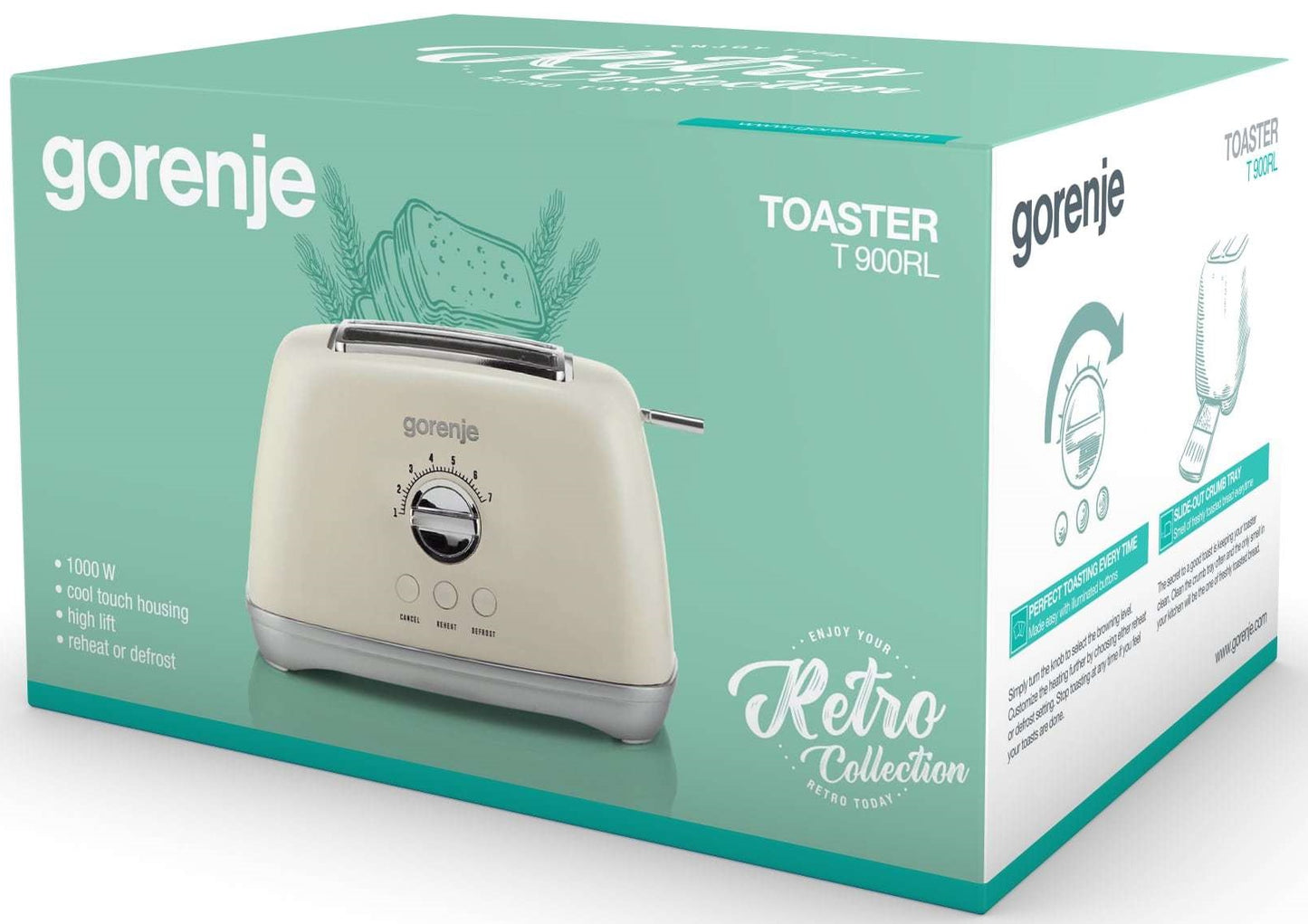 Gorenje T900RL Kitchen Toaster 1000W 2 Slots 7 Heating Levels Retro Ivory