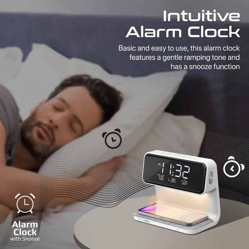 WHITE PROMATE LUMIX-15 MULTIFUNCTION LED ALARM CLOCK W/15W WIRELESS CHARGER