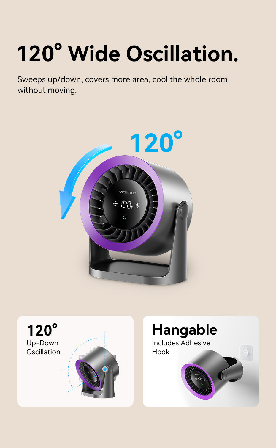 Vention PBIH0 Desktop Air Circulation Fan with Display & Wall Mount