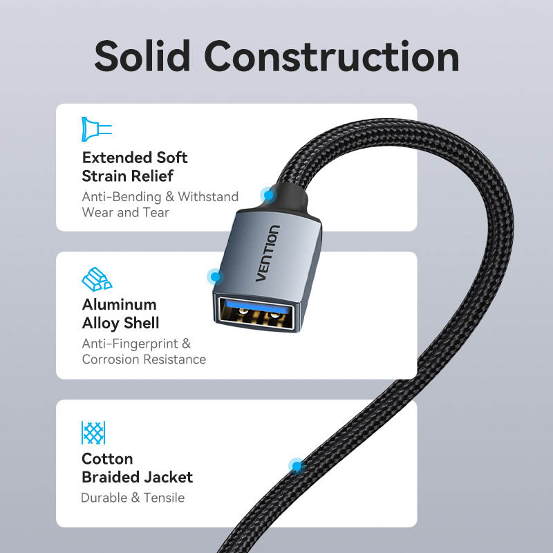 Vention IT Cable USB-A 3.0 M-F Extension Braided Aluminium 3.0m Grey CBLHI