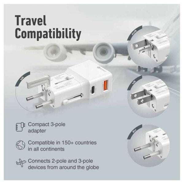 PROMATE TRIPLUG-PD20.WHITE UNIVERSAL TRAVEL ADAPTER 20W, QUICK CHARGE 3.0 WHITE