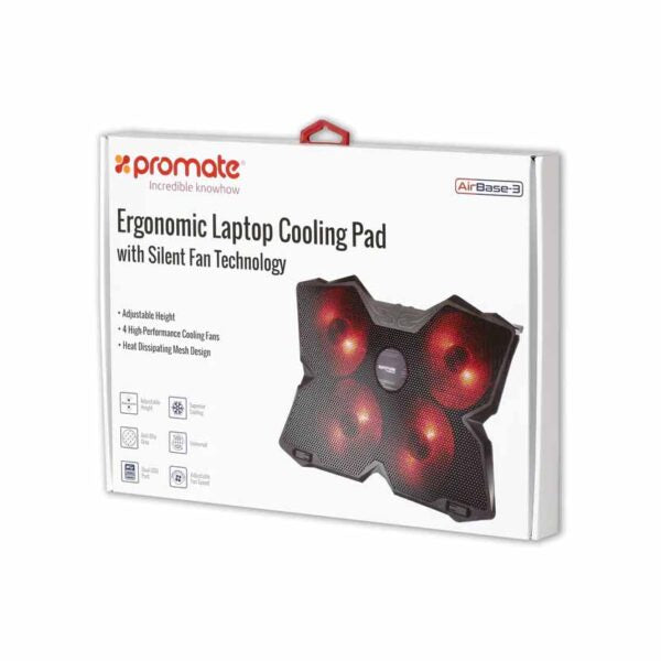 AIRBASE-3.BLACK COOLING PAD FOR LAPTOP W/SILENT FAN TECHNOLOGY PROMATE