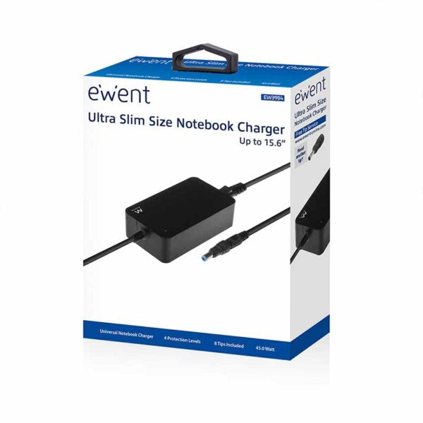 EWENT, EW3984 ULTRA SLIM NOTEBOOK CHARGER 45W UPTO 15.6″ INCLUDING 8 TIPS