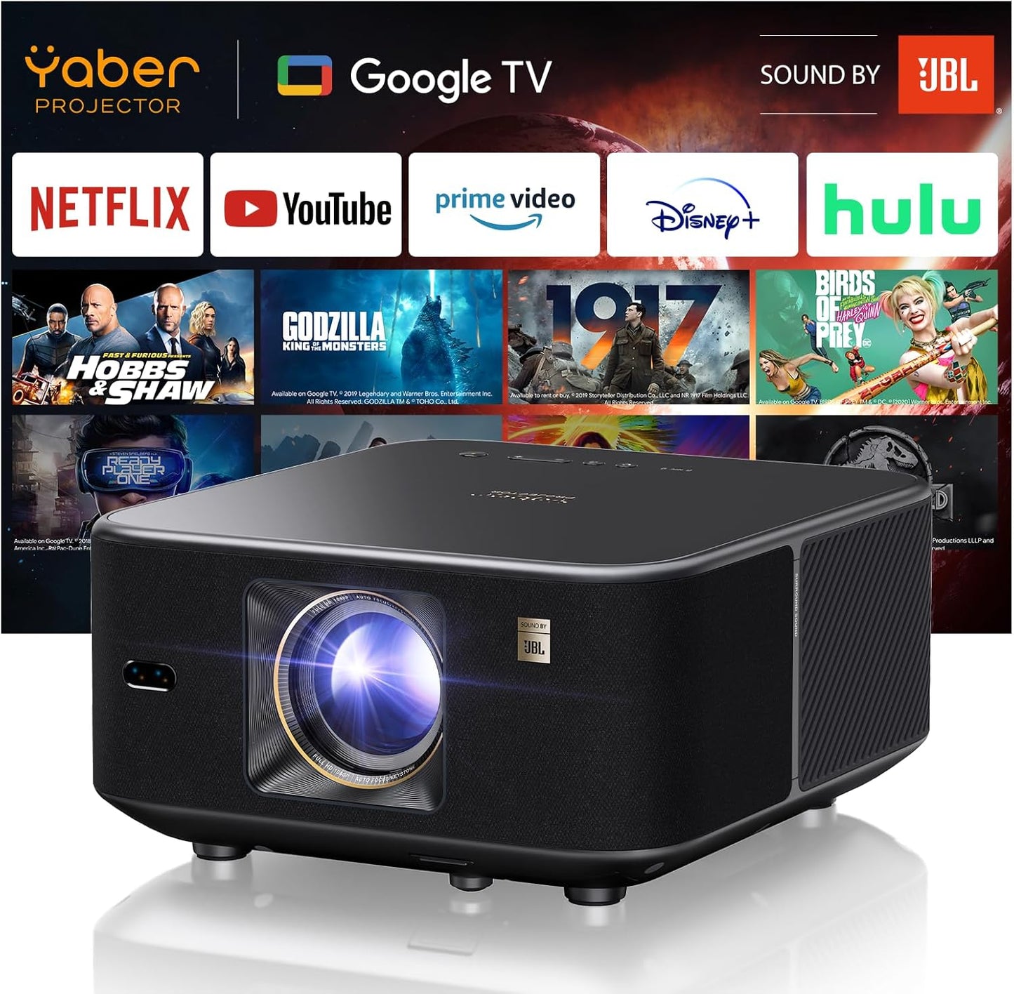 Yaber K3 Full HD Smart Google TV Projector Alexa WiFi6 BT/NFC 30W JBL Sound 1600 Ansi