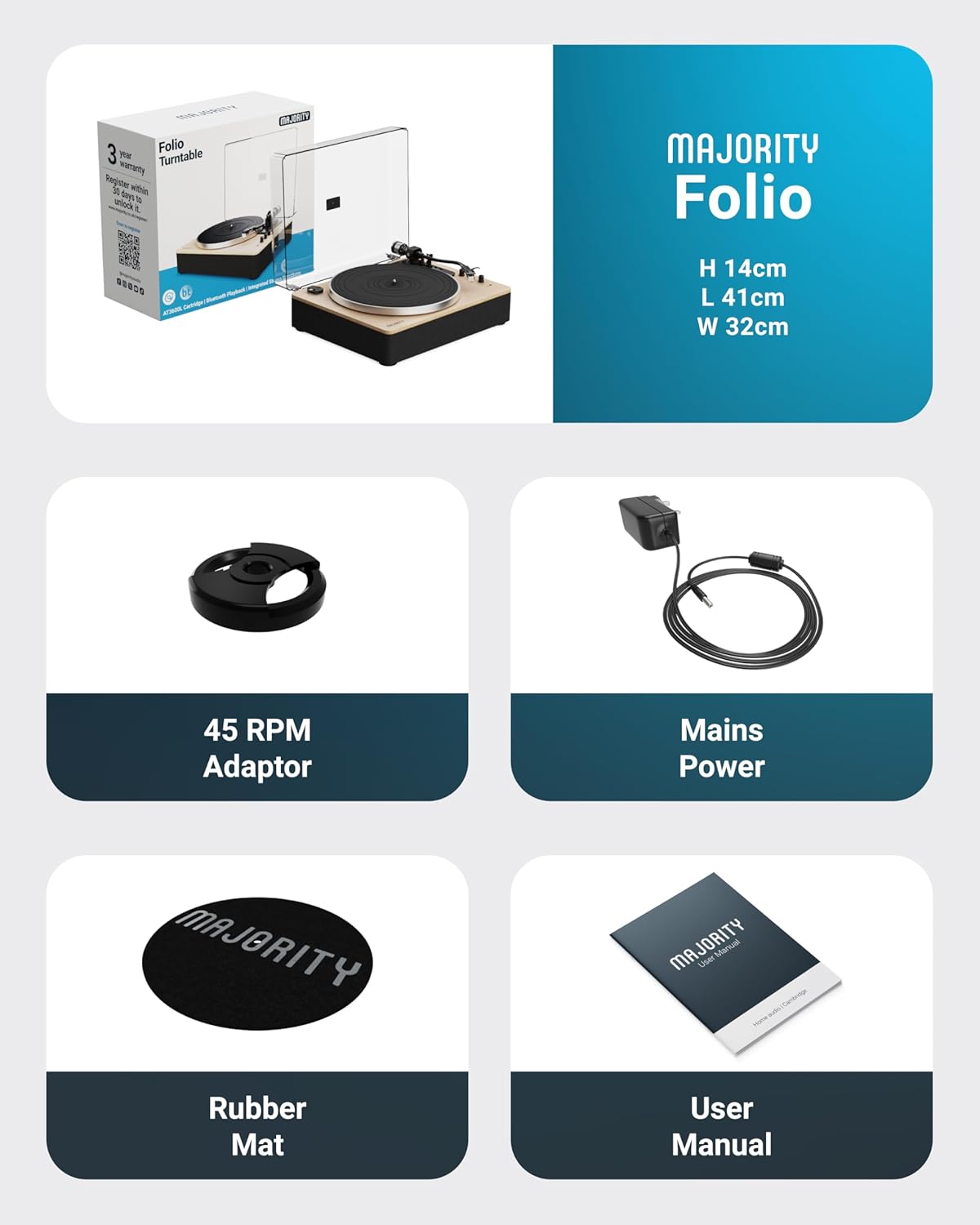 Majority Turntable FOLIO Stereo Speakers, AT3600L Cartridge & Pitch Control