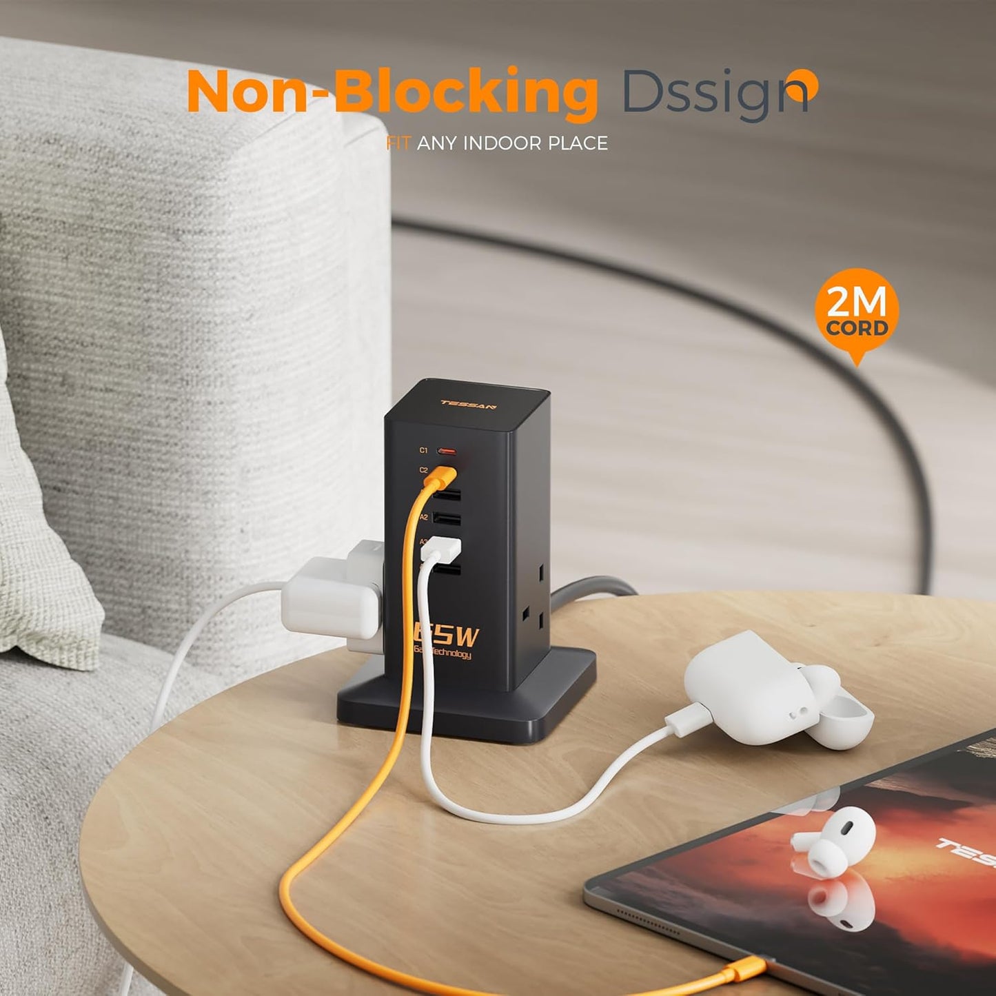 Tessan 2 Gang Extension 4 USB-A 2 USB C 2m 13A TS-FS02UK00