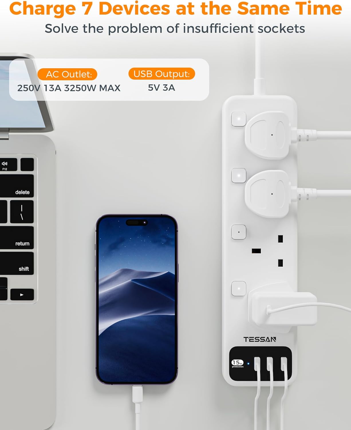 Tessan 4-Gang Extension 3 USB-A 2m 13A TS-B204